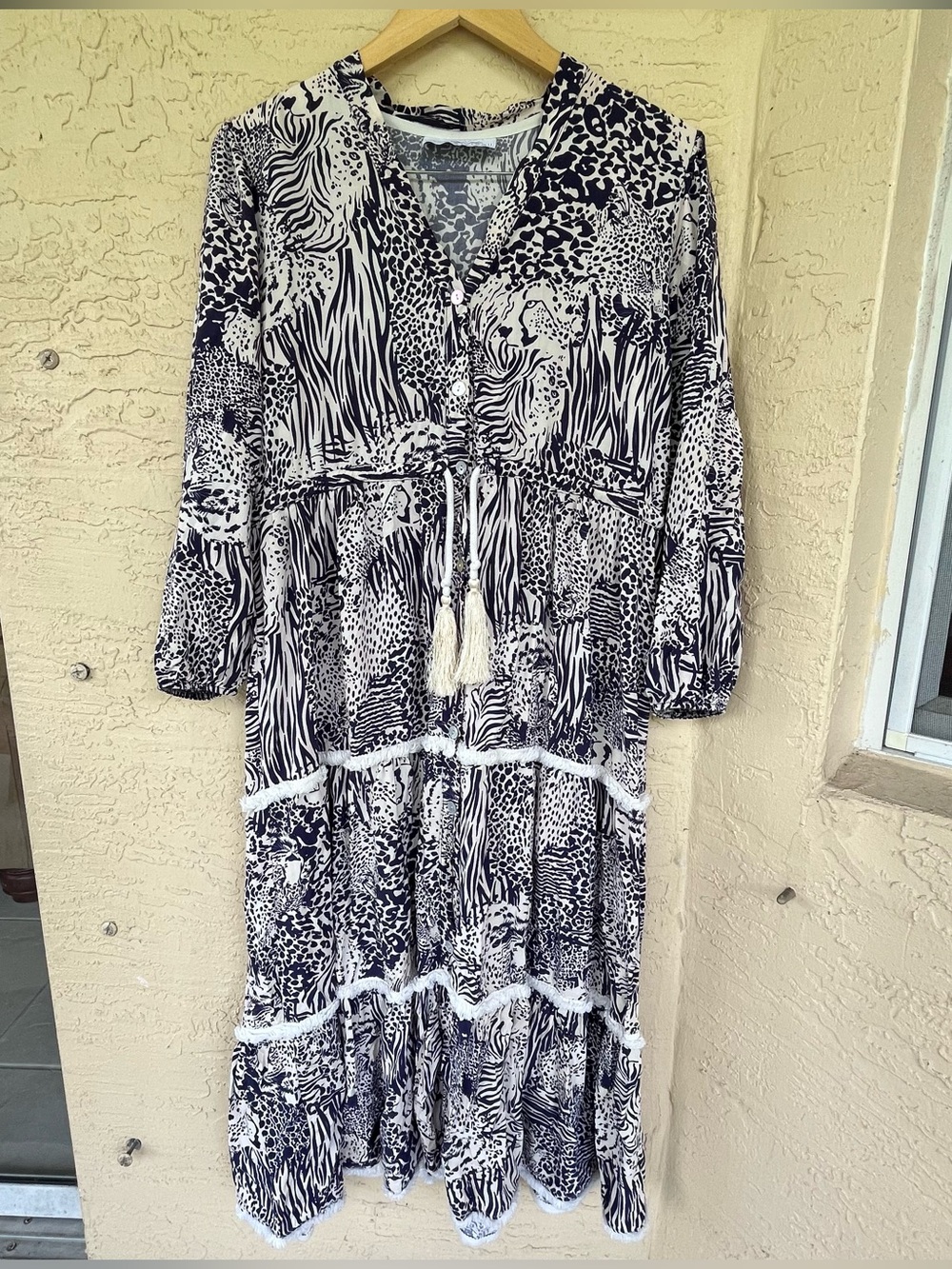 Bognar Blu Italy Animal Print Tiered Tassel Midi Dress Boho One Size Navy